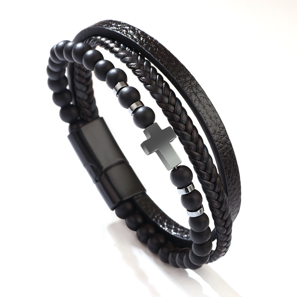 Cross Multi-layer Black Agate Bracelet New Woven PU Leather Tiger Eye Stone Matte Stone Bracelet