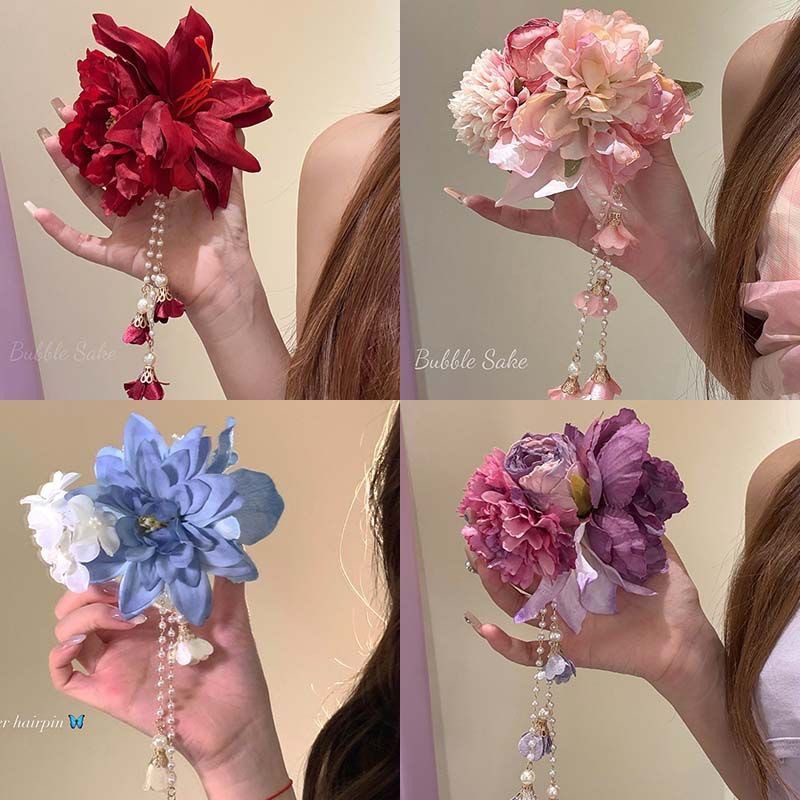 Super fairy faux flower tassel hair clip for women vacation style accessory Hanfu cheongsam side clip bun hair accessory