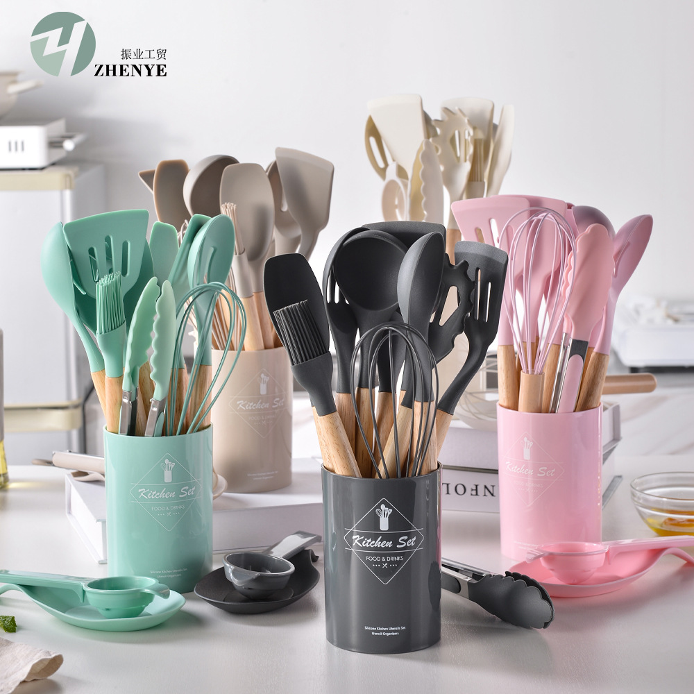 Light Version 750g Silicone Kitchen Utensil Set Wooden Handle 14-Piece Set Kitchen Tools Cooking Spatula Spoon Set 14-Piece Set