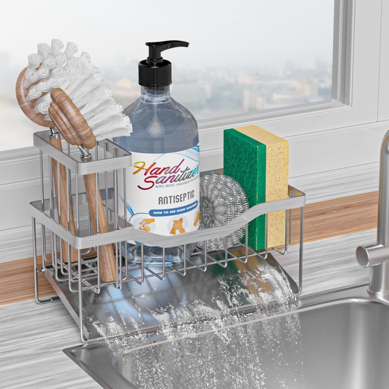 Draining basket, kitchen storage rack, sink organizer, stainless steel countertop, dishcloth, steel wool, sponge draining rack