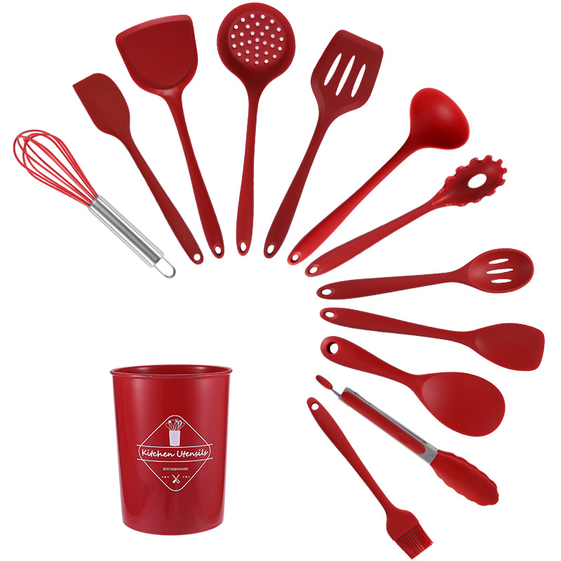 Silicone Kitchen Utensils 13-Piece Set Non-stick Spatula Slotted Spoon Set Red Black Kitchen Storage