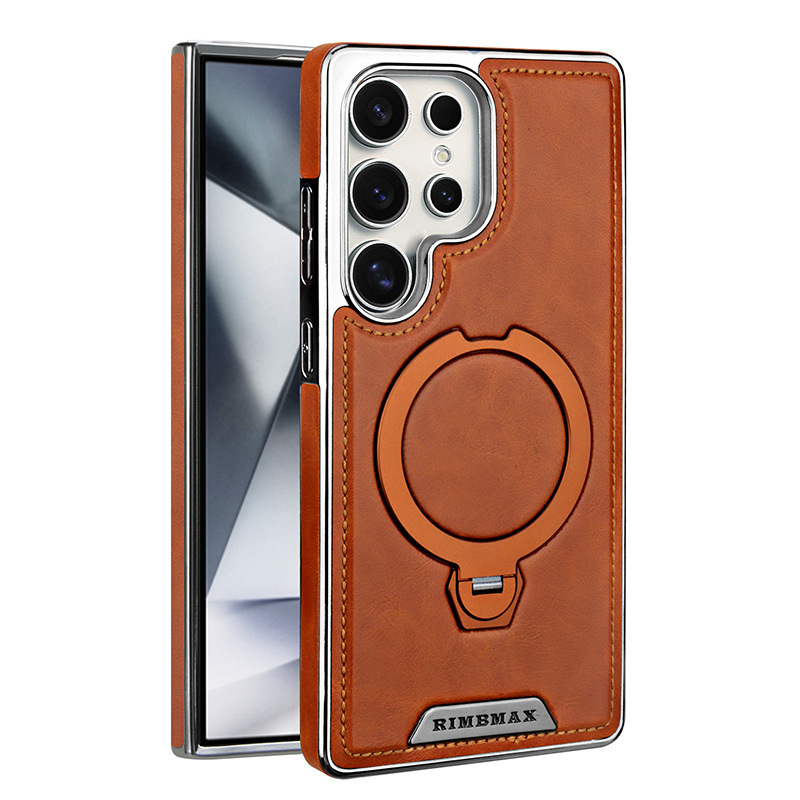 For Samsung S26Ultra Phone Case 360 Rotating Magnetic Bracket Leather Texture S25/S24 Plus Full Coverage