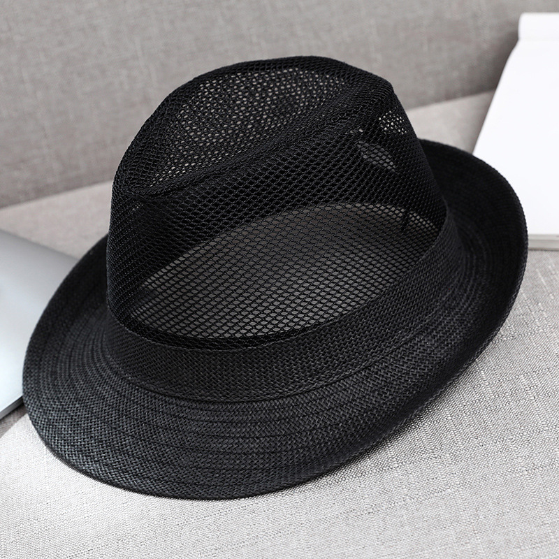 Hat Summer Men's Small Fedora Straw Brim Polyester Mesh Breathable Hollow Sun Protection Rolled Brim Sun Hat