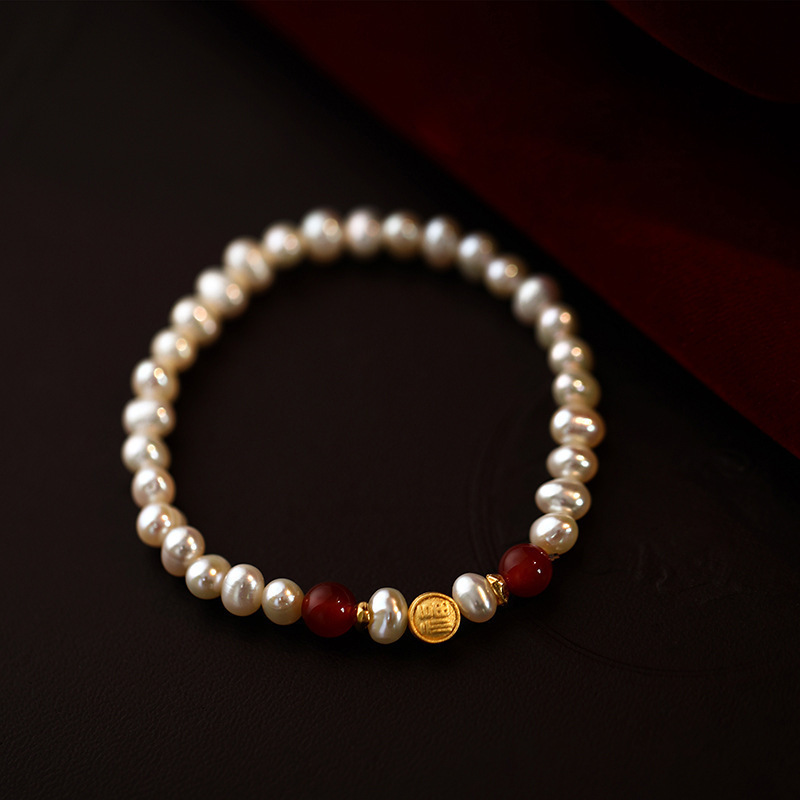 Natural freshwater pearl bracelet women's niche new Chinese style sand gold agate bead bracelet hand jewelry