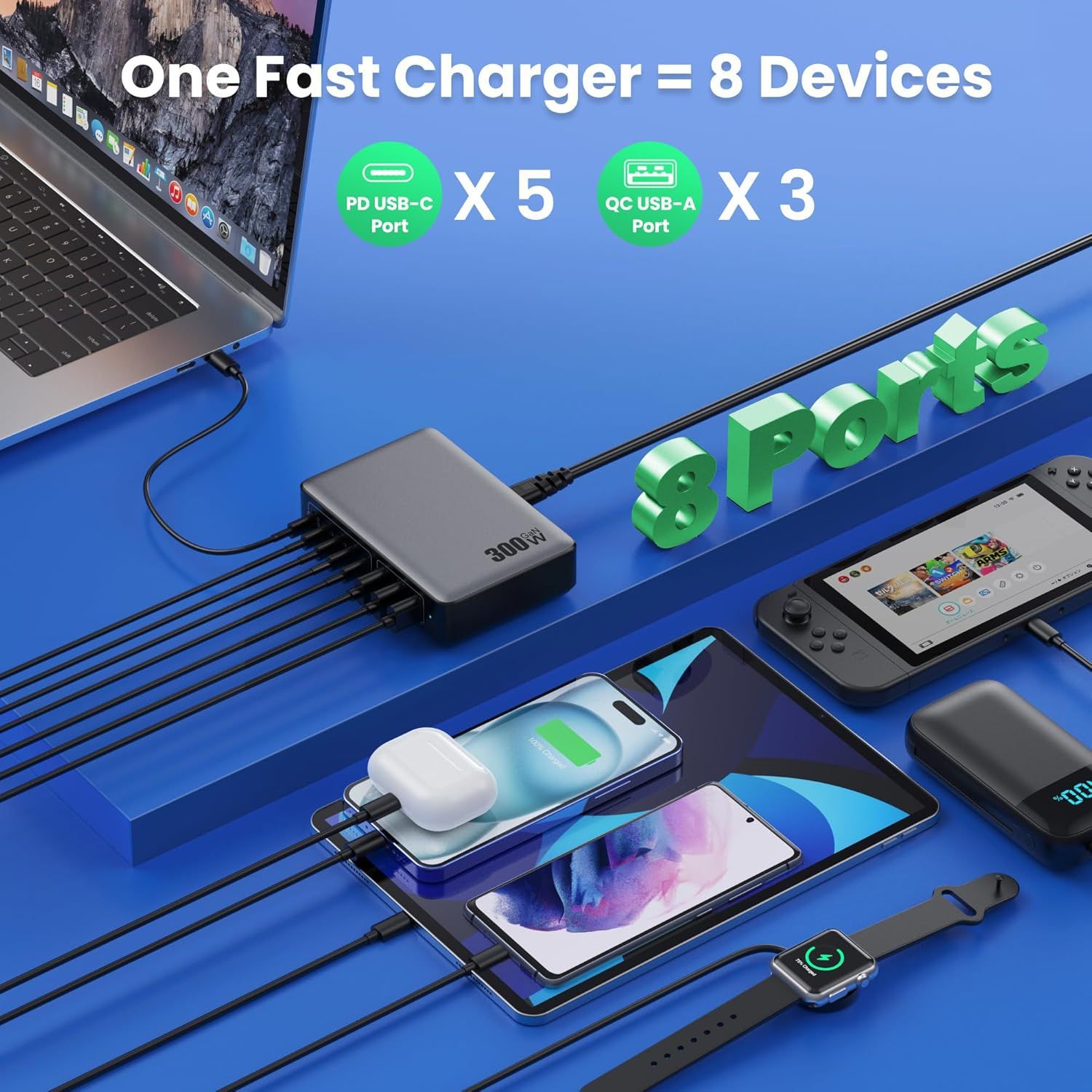 Strictly Selected GaN 300W Mobile Phone Multi-Port Charger TYPE-C Multi-Port High Power Desktop Charging Station