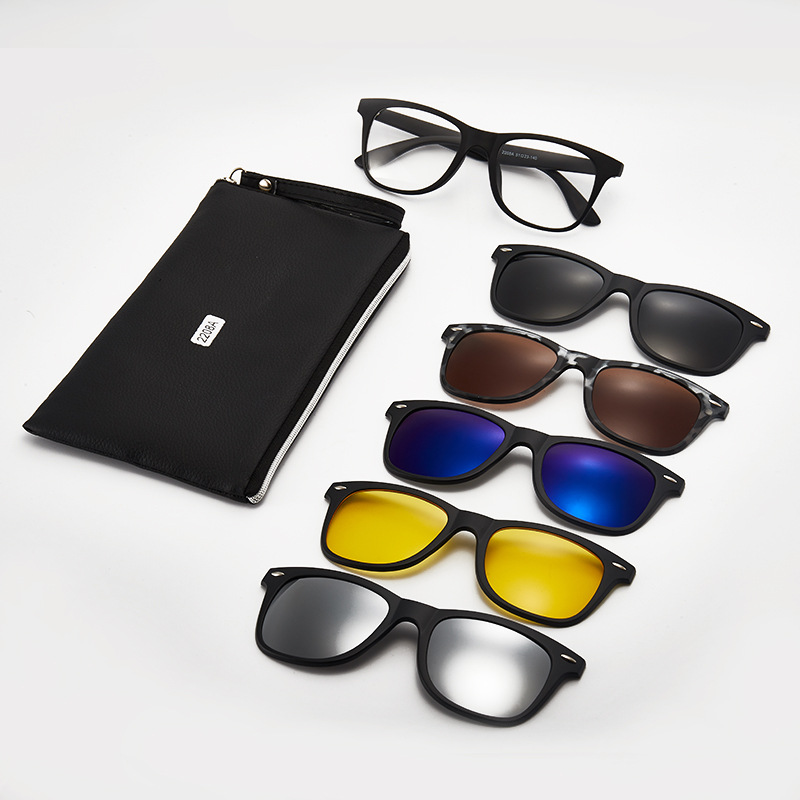 Polarized sunglasses for men and women, new TR90 frame, five-piece set, black night vision magnetic clip-on sunglasses