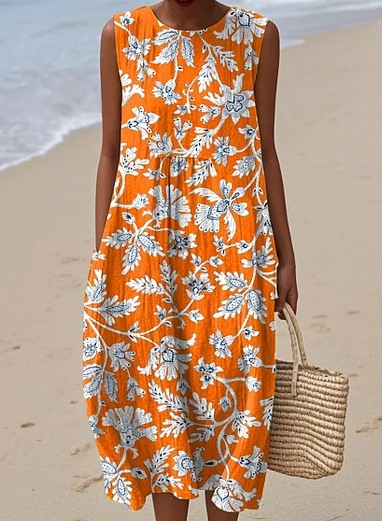 2026 New Sleeveless Printed Dress Beach Vacation Loose Mid Length Round Neck Dress Seaside Vacation Dress