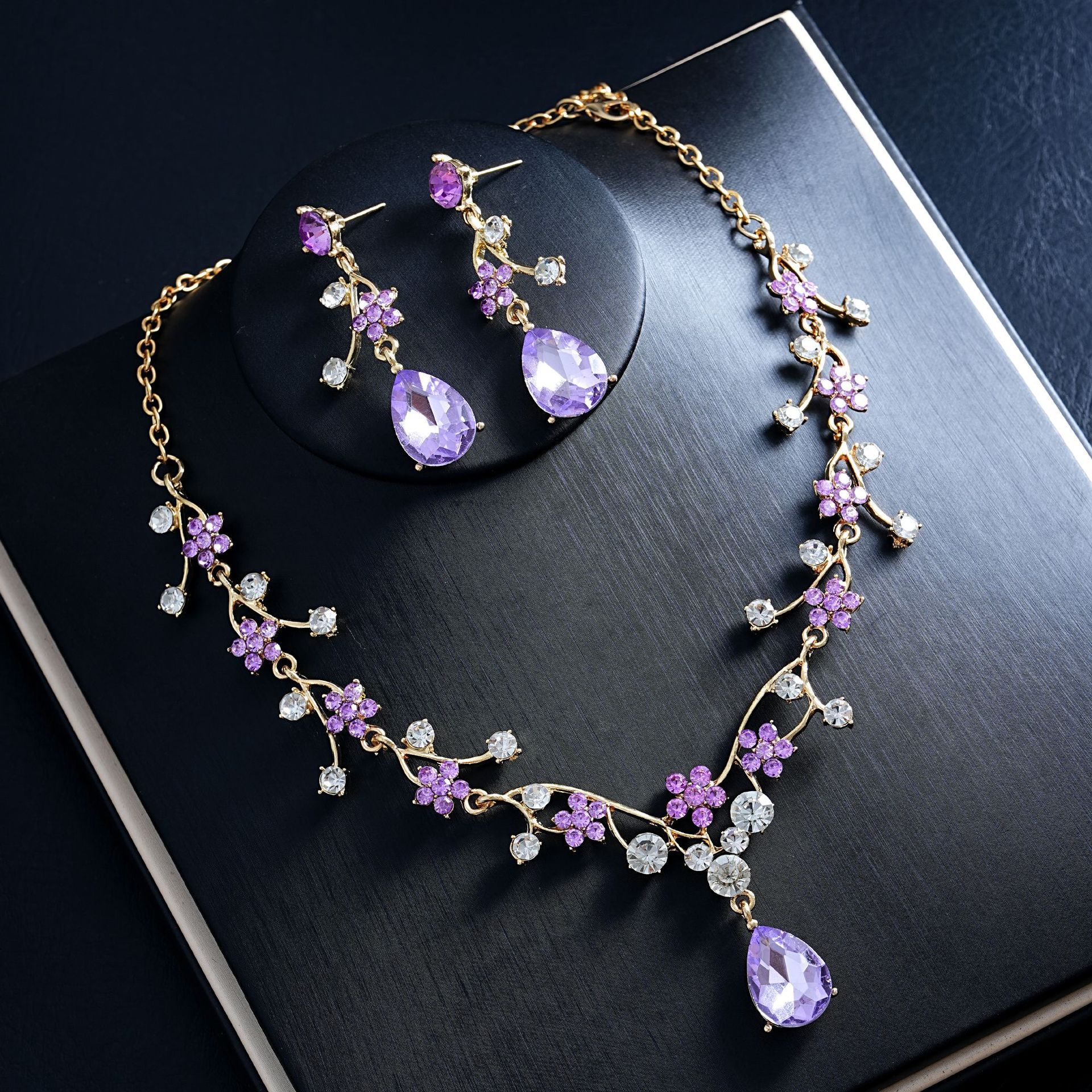 Jewelry Set Colorful Flower Teardrop Pendant Necklace Earrings Two-Piece Wedding Accessories