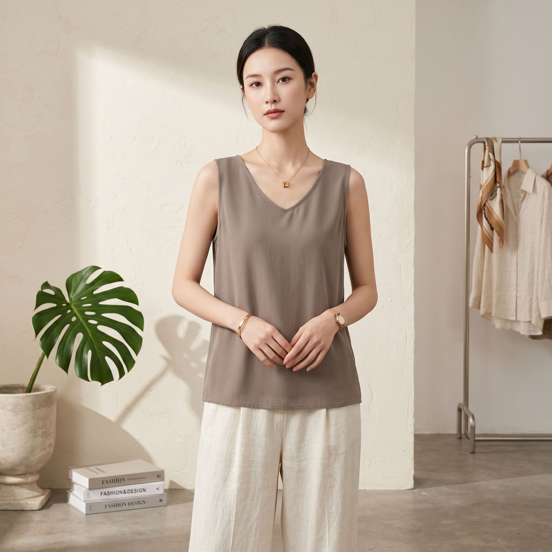 New Sandwashed Double Crepe Silk Vest for Women Casual Inner Wear Pullover Base Layer Loose Mulberry Silk Sleeveless V-Neck Top