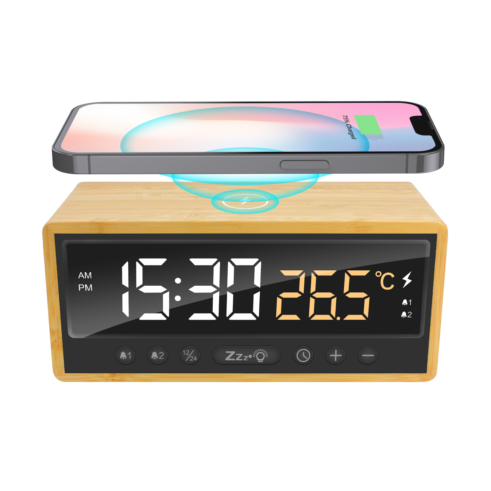2024 New 3-in-1 15W Wireless Charger with Clock Alarm Temperature Display Wireless Charger