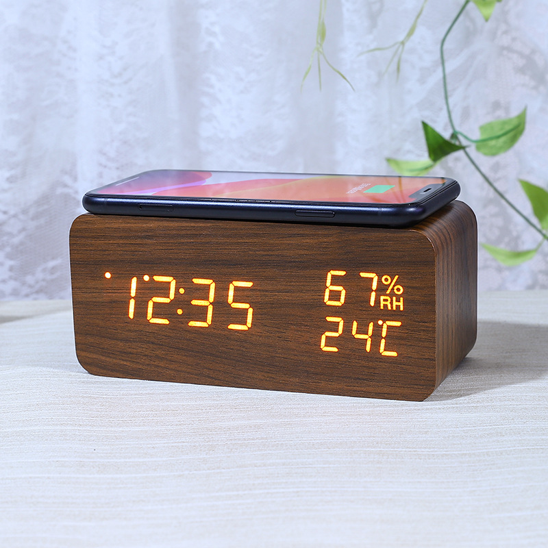 LED temperature and humidity wireless charging wooden clock, mobile phone wireless charging desktop silent electronic clock alarm clock