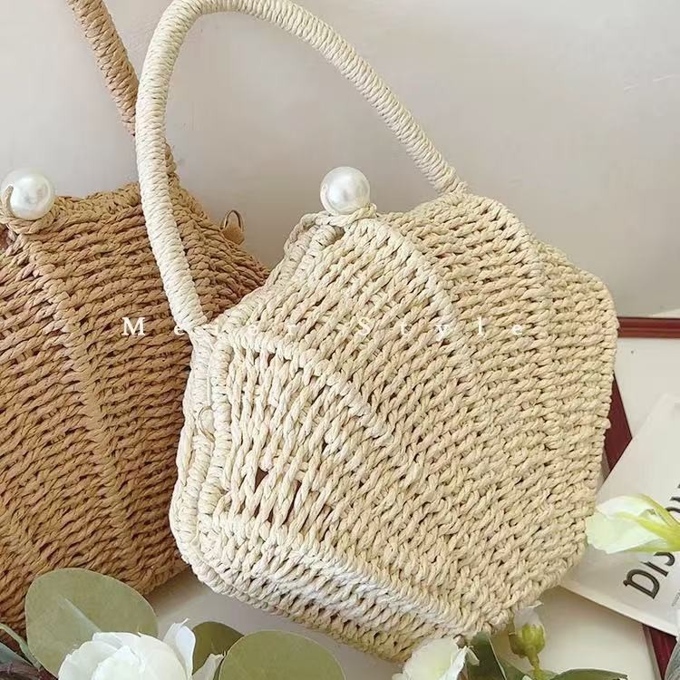 Hand-woven shell women's shoulder bag crossbody bag small fresh pearl bag straw woven bag