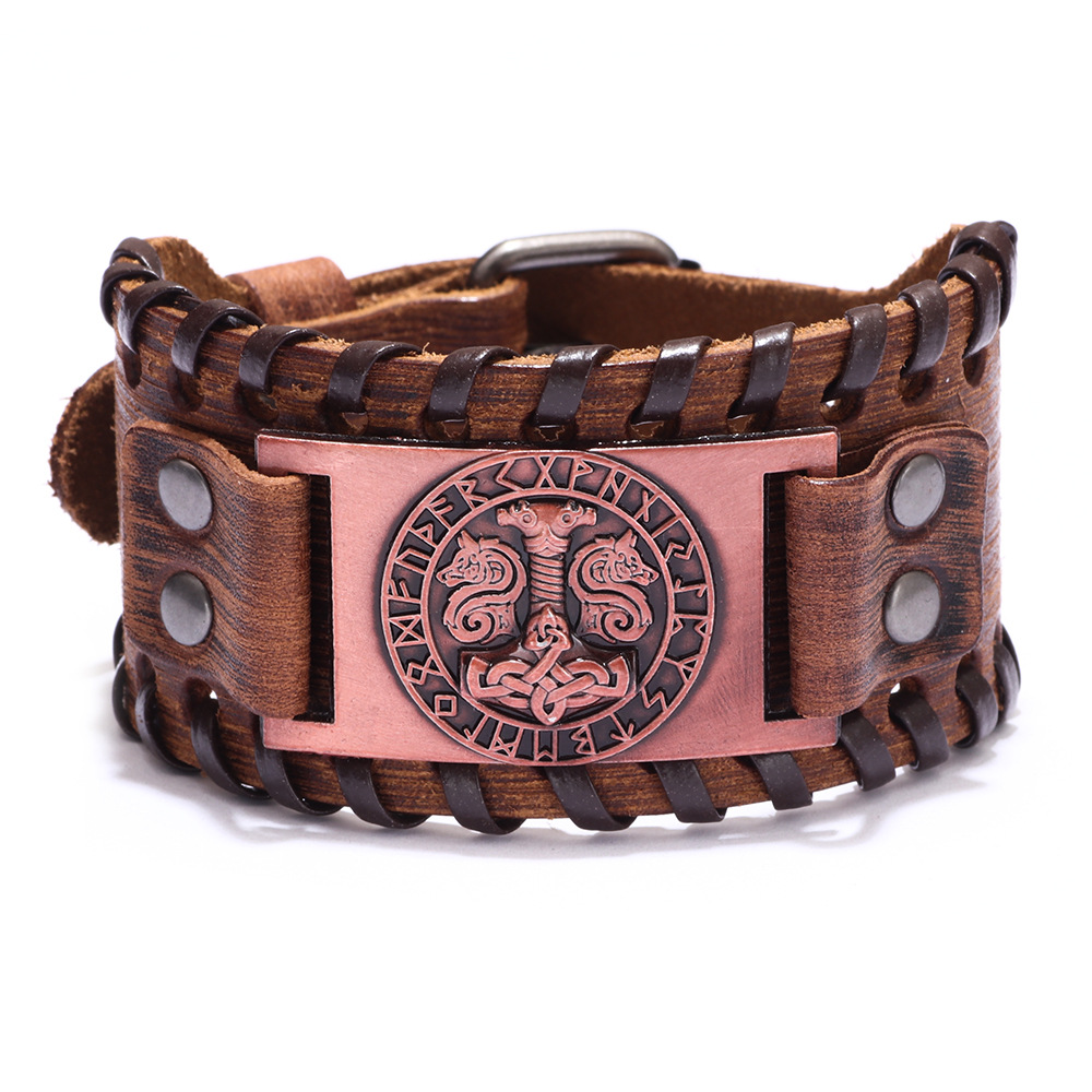 Men's Alloy Wolf Head Accessories Wide Leather Bracelet New Woven Bracelet Cowhide Bracelet