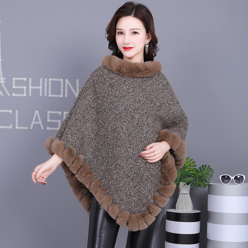 H·SUN Street Style Warp Knit Polyester Fiber Pullover Poncho Cape Imitation Rabbit Fur Collar Scarf Wear