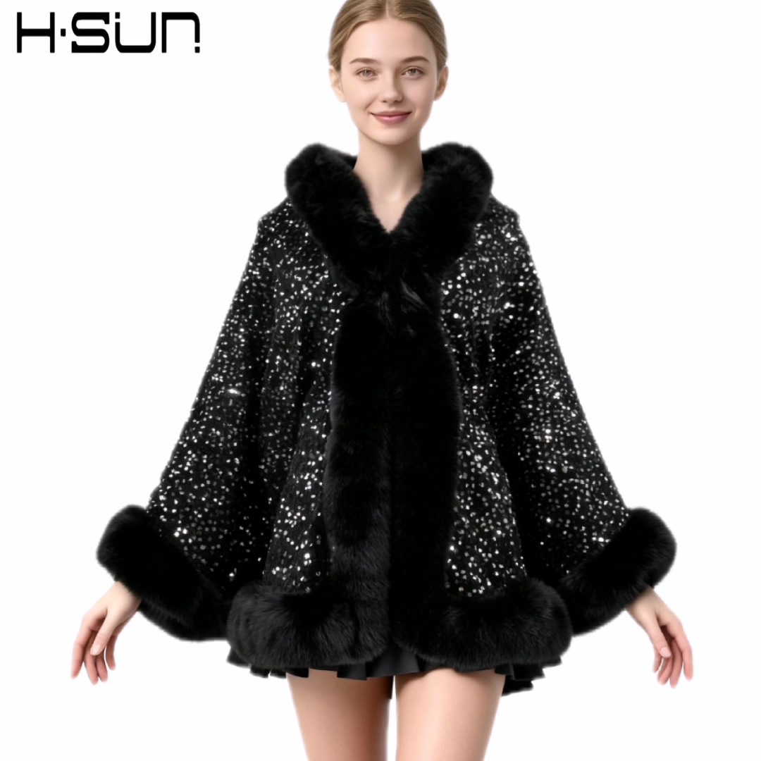 2026 Autumn and Winter Cape Outerwear Small Vest Street Style Cape Solid Color Sequins Fur Collar Poncho