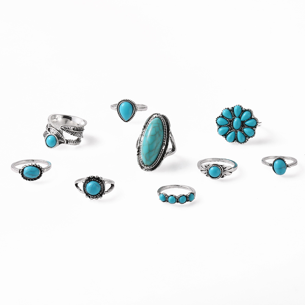 New Ring Bohemian Feather Turquoise Hollow 9-Piece Set Ring