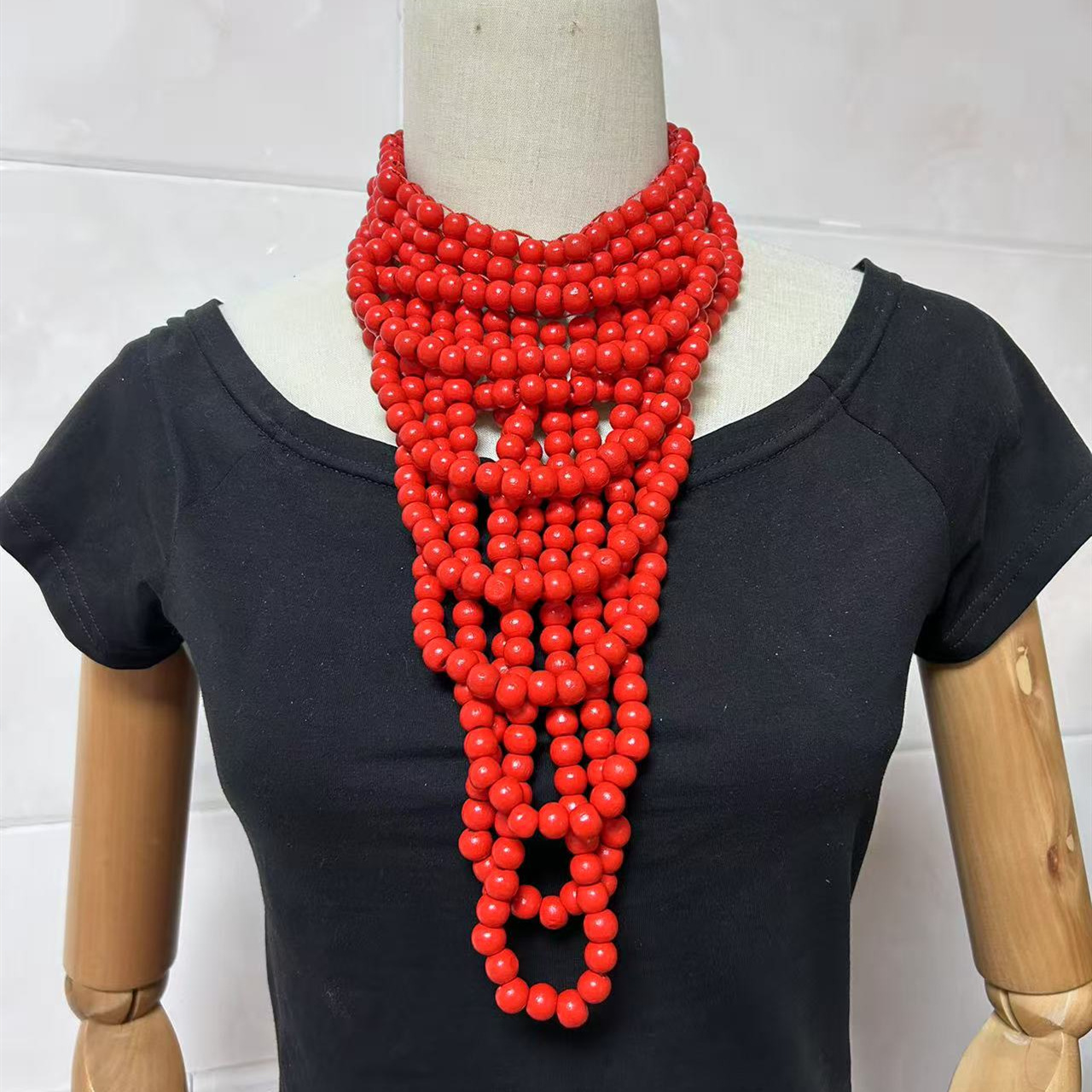 Ethnic style multi-layer colored wooden pieces bead necklace and earring set party accessories necklace