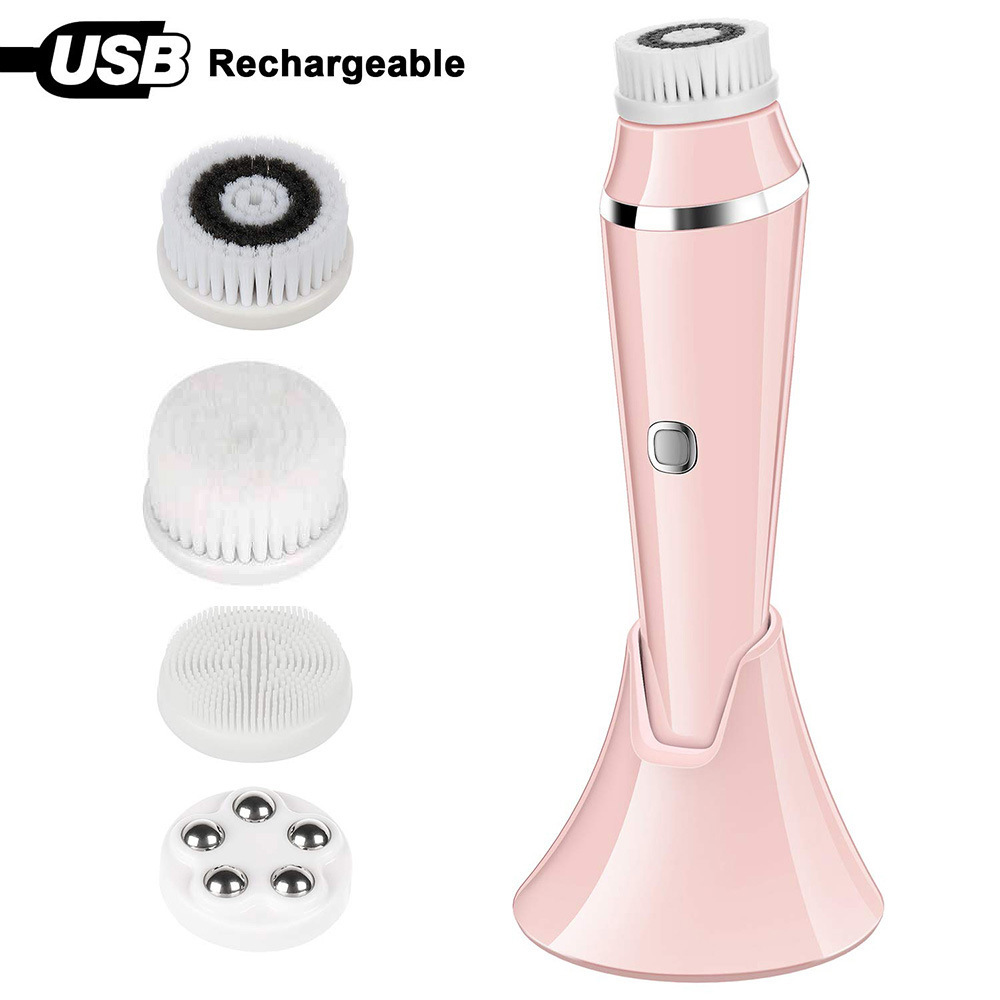 New silicone facial cleansing device waterproof rechargeable face brush pore cleaner 4-in-1 electric facial cleanser
