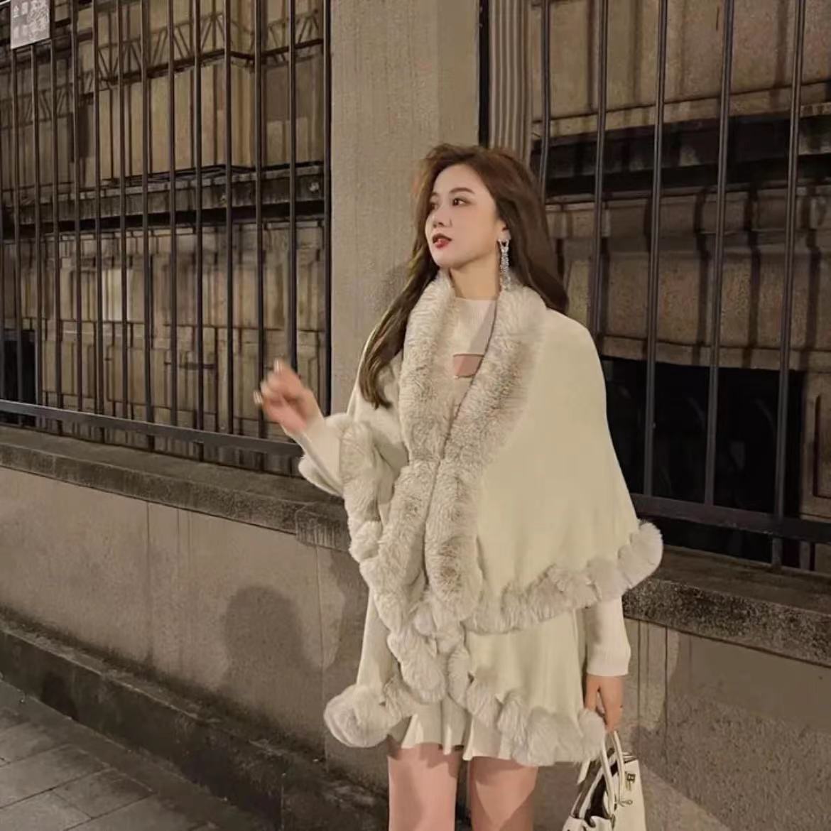 Live Supply Autumn Winter New Imitation Rex Rabbit Fur Collar Cape Shawl Plus Size Knitted Cardigan Loose Coat Women
