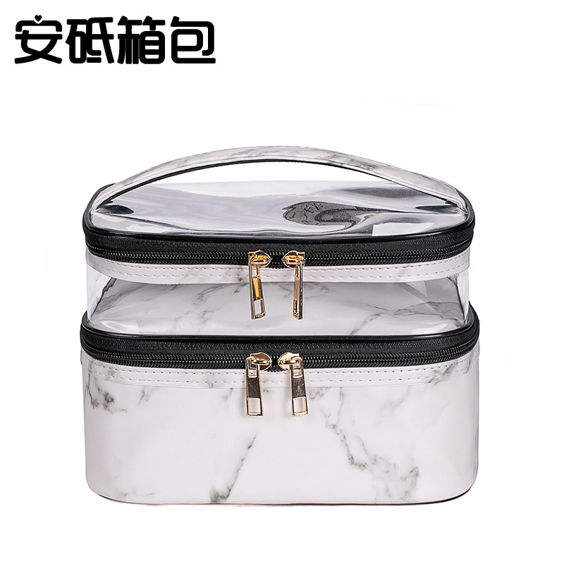 New Marble Transparent Leopard Print Double-Layer Cosmetic Bag Waterproof Portable Toiletry Bag Storage Bag for Women