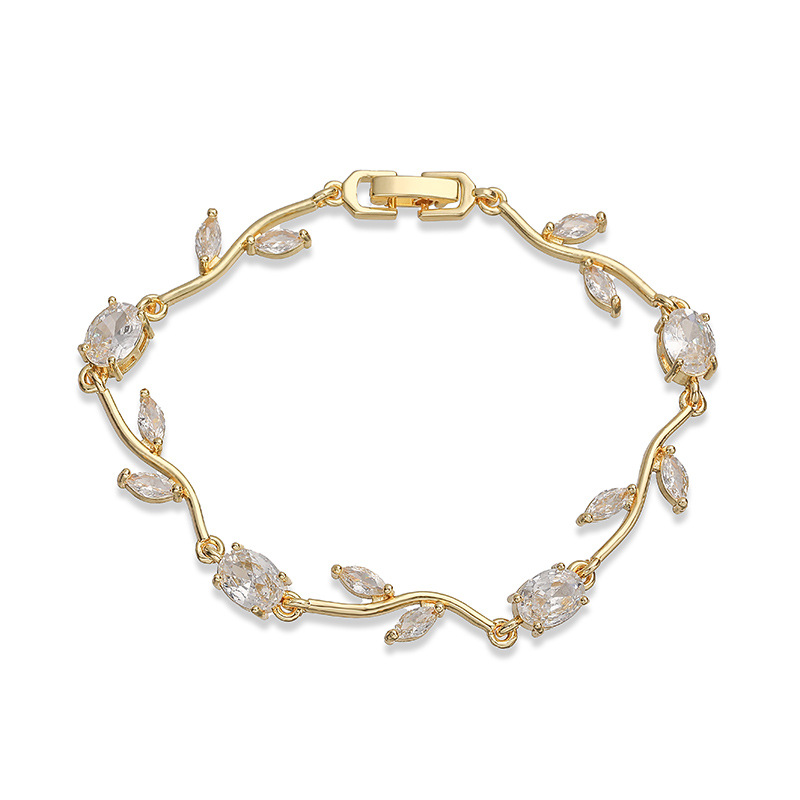 Copper Inlaid Colorful Diamond Branch and Petal Bracelet Leaf Tulip Layered Hand Jewelry