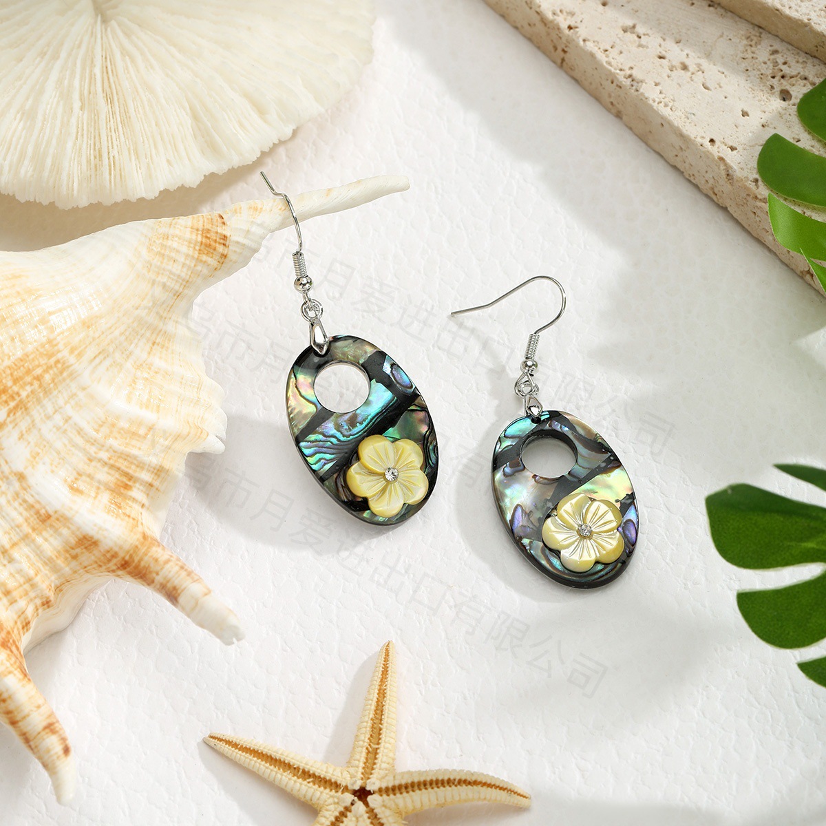 Simple Round Geometric Natural Abalone Shell Diamond Flower Earrings