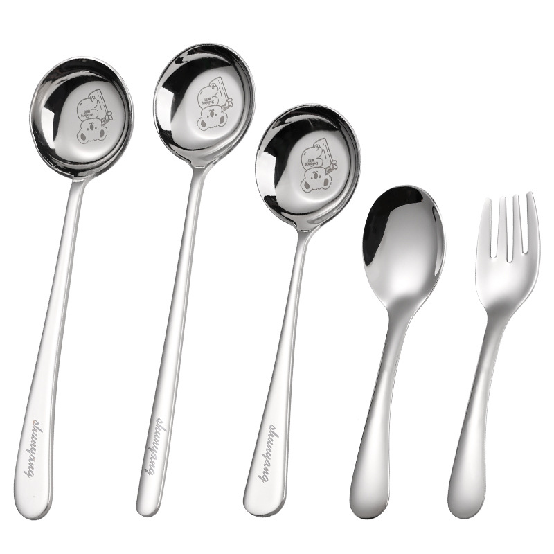 Real 316L spoon, stainless steel flat bottom spoon, children's cartoon household tableware, flat bottom deep soup spoon
