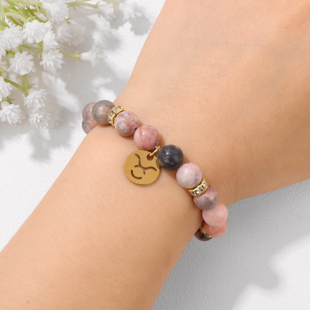 New twelve zodiac bracelet pink zebra stone beads elastic rope couple bracelet card pack birthday