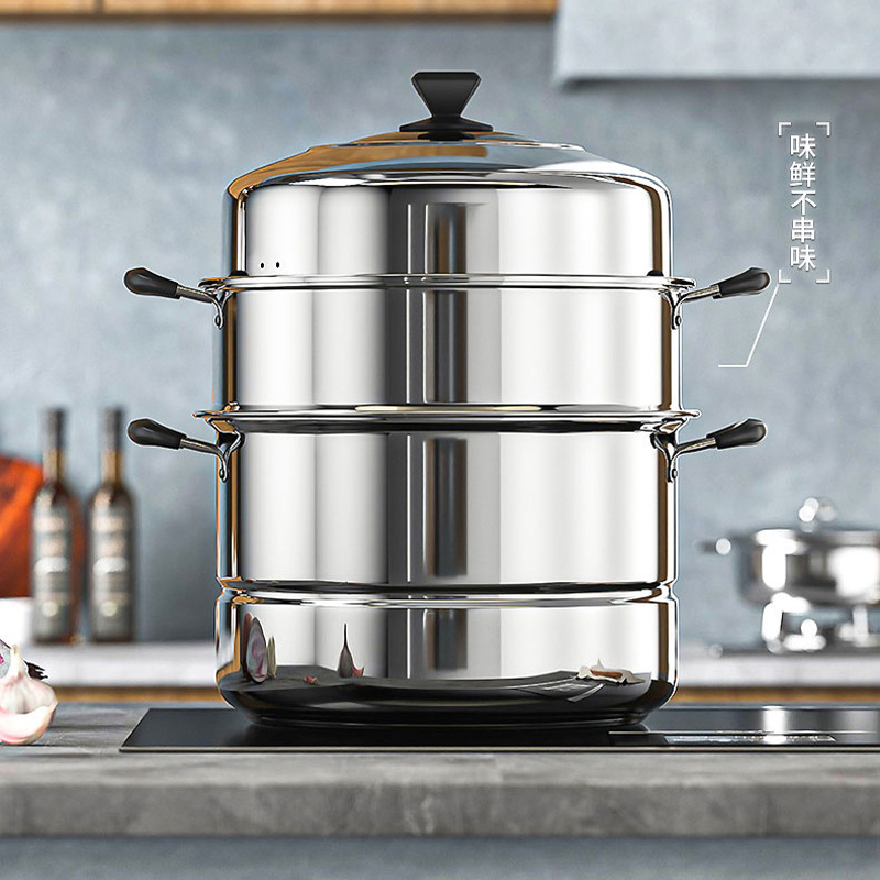 Thickened stainless steel double-layer steamer pot for household, two or three layers, large soup pot, steamer for buns and fish, for induction cooker and gas stove