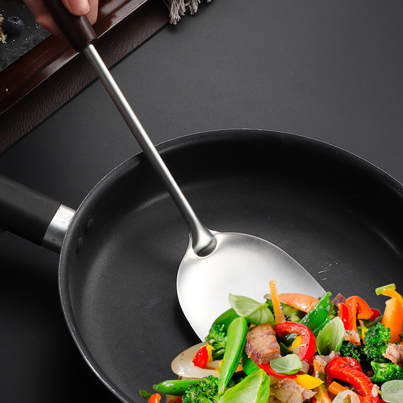 Stainless steel antique wood wok spatula soup spoon kitchen solid wood handle thickened slotted spoon wok spatula spatula spoon set cooking kitchen utensils