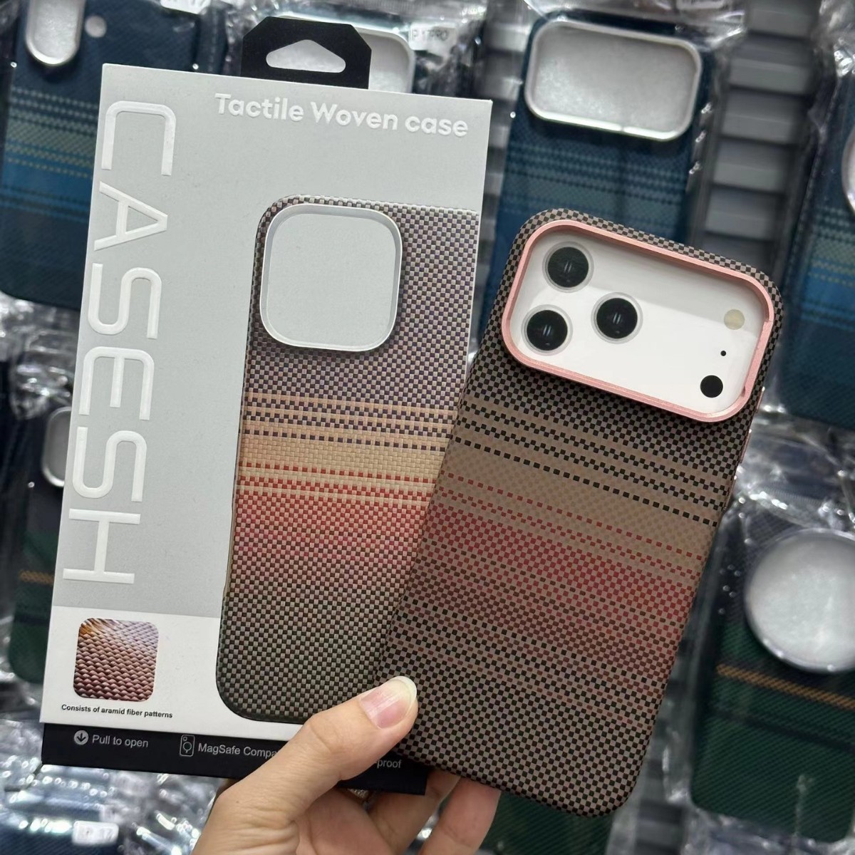 For iPhone 17 Pro Max Large Hole Houndstooth Phone Case Apple 16 Built-in Magnetic Woven Texture 15 Hard Case