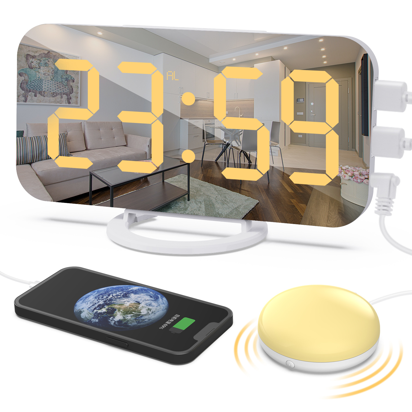New small night light vibrator snooze alarm clock LED mirror electronic clock mirror clock with USB charging