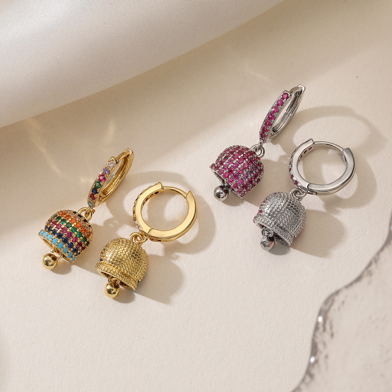 HECHENG Jewelry Copper Inlaid Colorful Diamond Bell Earrings Unique Small Bell Bell-Shaped Earrings