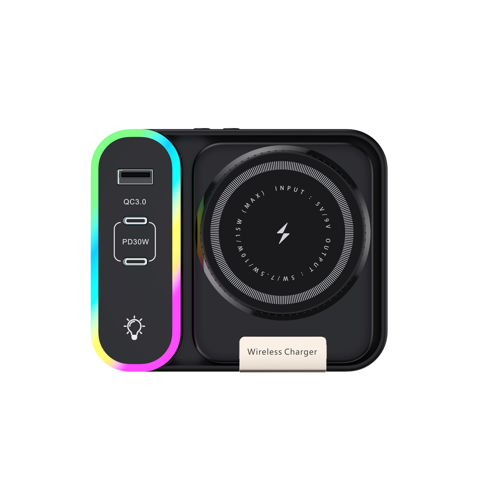 New Private Mold Built-in Retractable Cable Wireless Charger Magsafe Multi-Port Foldable Wireless Charger with Digital Display Clock