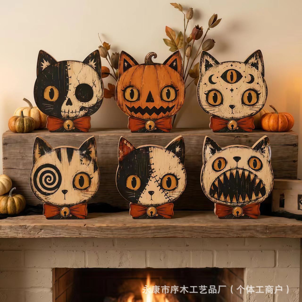 Halloween Wooden Tabletop Tray Ornament Ghost Black Cat Pumpkin Owl Home Window Display Decoration