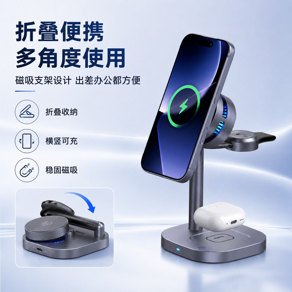 New Qi2.2 three-in-one magnetic cooling wireless charger for phone earphone heat dissipation wireless fast charging stand