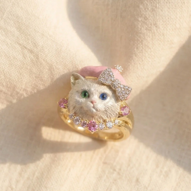 New Cute Cat Ring Women Rhinestone Pink Beret Niche Finger Ring Accessories