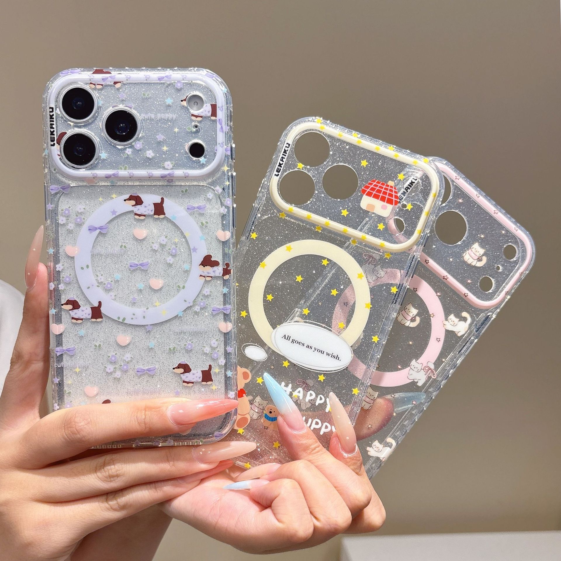 For iPhone 17 Pro Max Cartoon Graffiti AI Button Phone Case Apple 16 Animal Party Magnetic Transparent Case