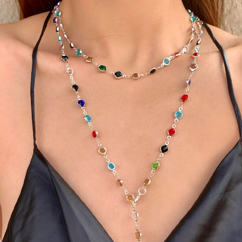 Rongshang Accessory Double-Layer Y-Shaped Colorful Crystal Necklace Women's Glass Crystal Necklace Set Wholesale