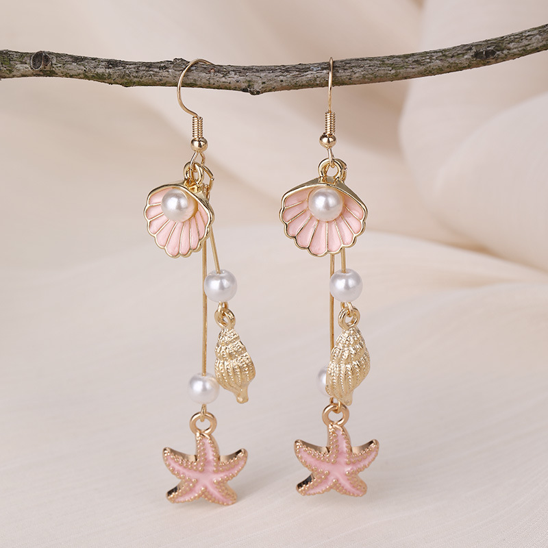 EZ5644 Summer Fresh Conch Shell Starfish Long Pearl Tassel Earrings Women's Accessories
