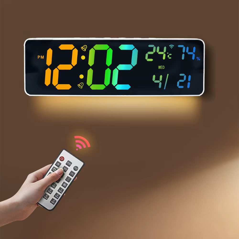 Bluetooth automatic time-setting ambiance alarm clock, RGB perpetual calendar, living room wall clock, smart temperature and humidity, colorful remote control clock