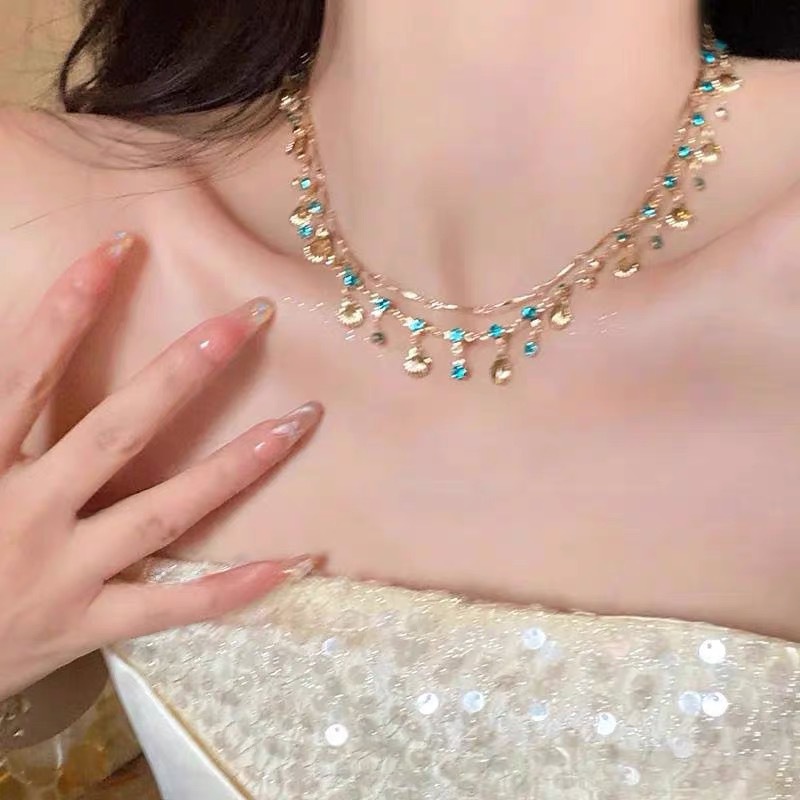 Daughter of the Sea~ Blue Zirconia Gold Shell Necklace Bracelet Design Pendant Jewelry