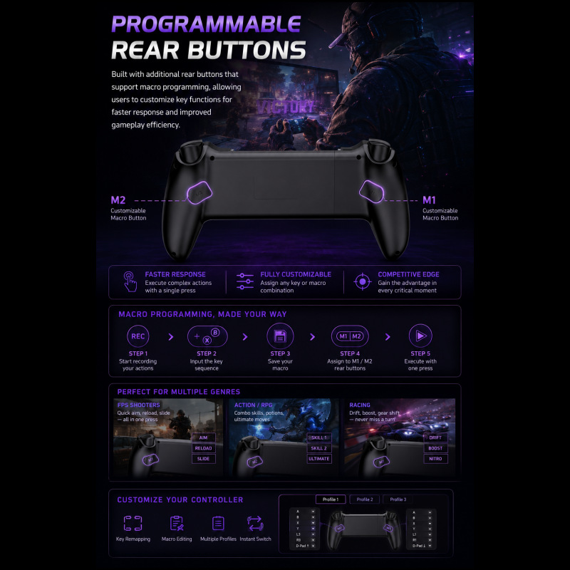 RGB Bluetooth game handle six-axis gyro Hall joystick macro programming Switch Android iOS multi-platform universal