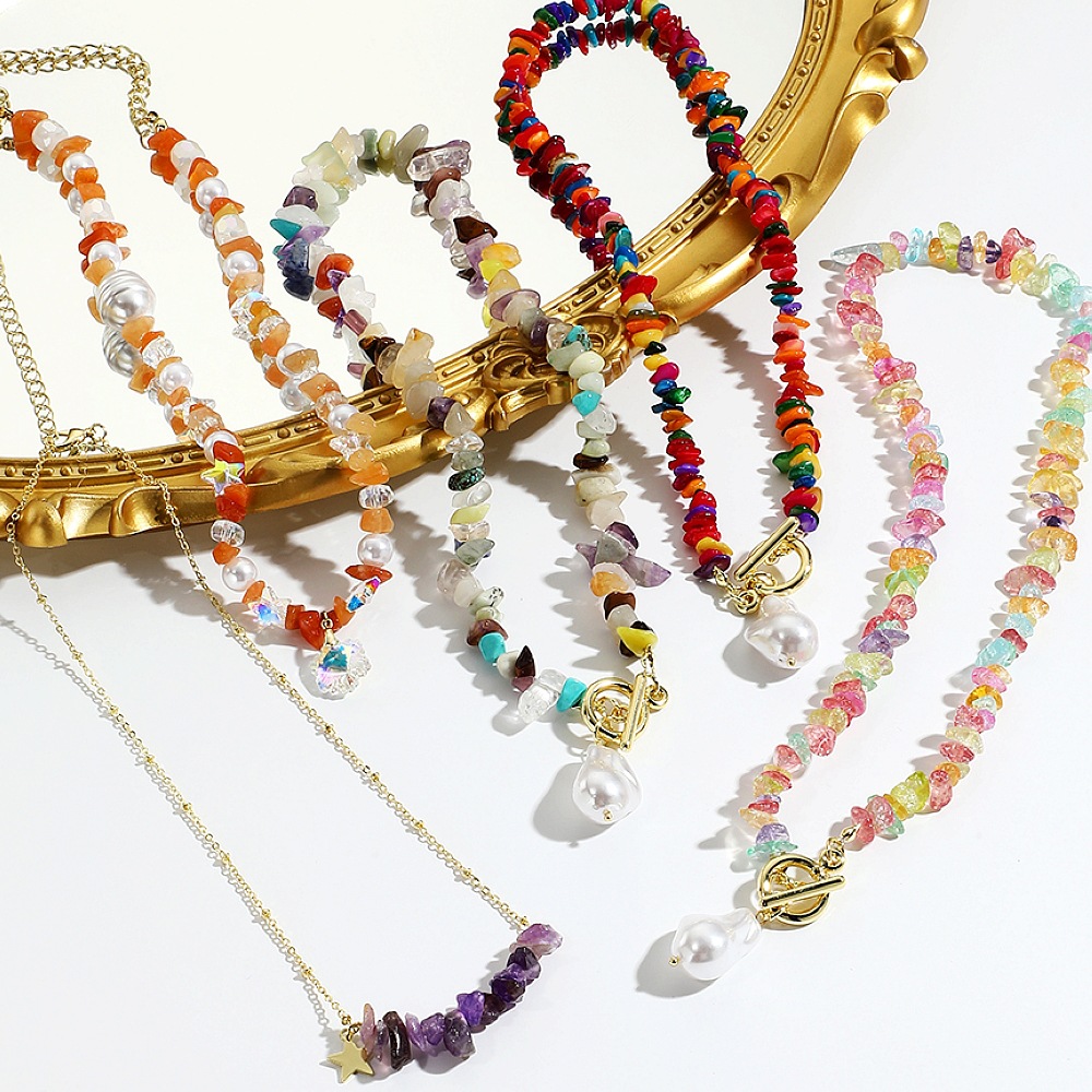 Dopamine colorful gravel necklace handmade bead Bohemian style natural stone necklace