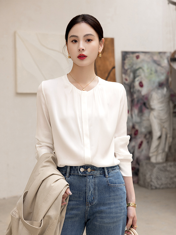 Satin round neck mulberry silk shirt women's 2026 spring new pleated silk long-sleeved top
