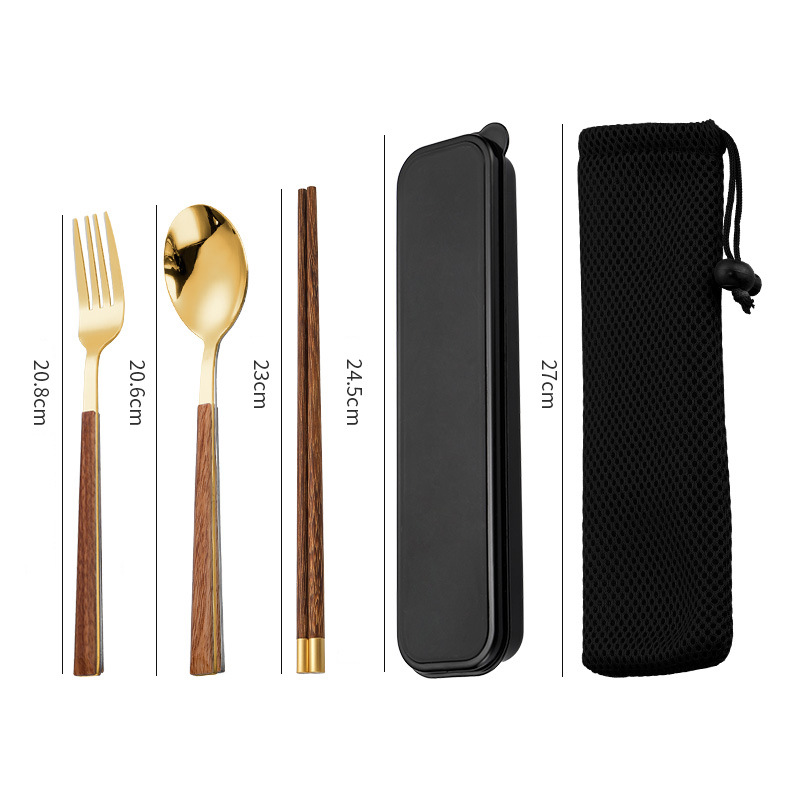 Chopsticks and spoon set, one-person convenient tableware, student storage box, fork, single wooden chopsticks, three-piece set
