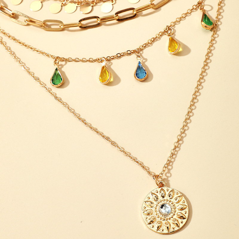 New Multi-Layer Layered Necklace Set Women Gemstone Pendant Choker Round Piece Tassel Neck Chain