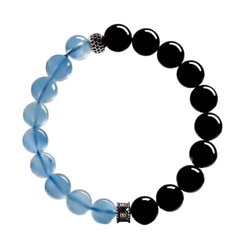 Natural Crystal Obsidian Aquamarine Bracelet S925 Silver Original Unisex Couple Bracelet