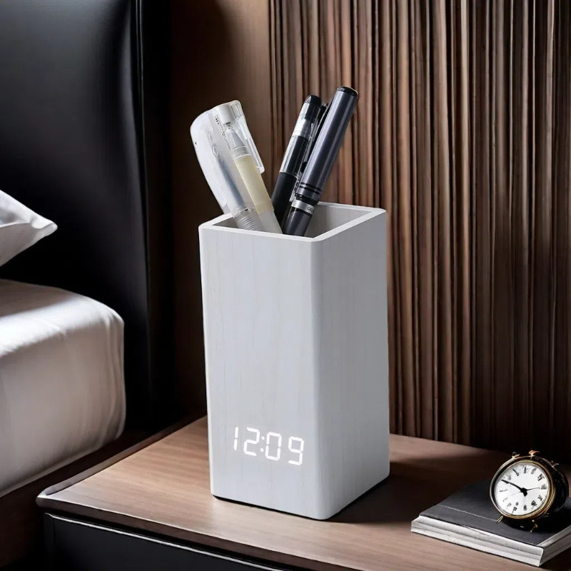 Factory sale office desk storage pen holder wooden clock, desktop silent electronic clock, LED time voice-activated alarm clock