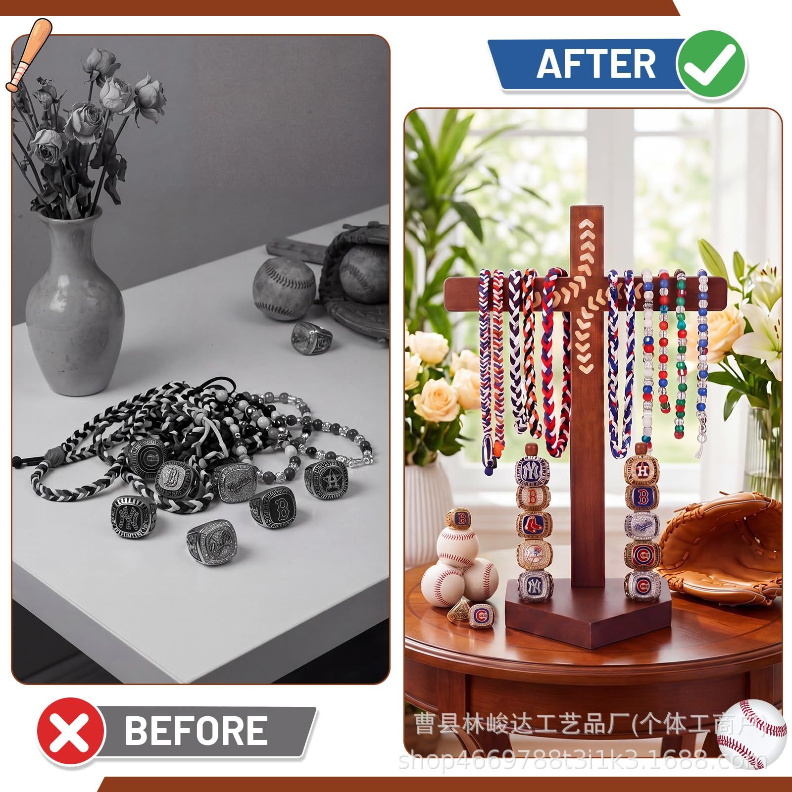 Desktop necklace storage rack, wooden softball ring multi-layer jewelry display stand, stall drip necklace stand